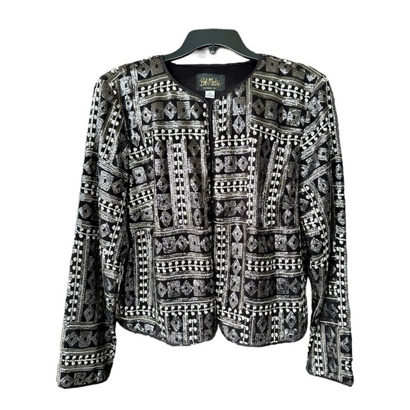 BOB MACKIE, BLACK/SILVER POLYESTER JACKET WITH EMBROIDERED DETAILS. SIZE 16 - Picture 2 of 8